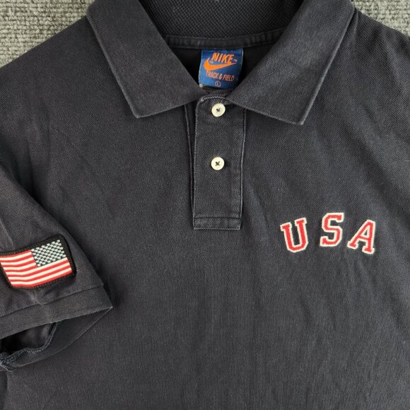 Nike USA Flag Logo Polo Shirt Black Short Sleeve Large Track Field Cotton Knit - Picture 1 of 16